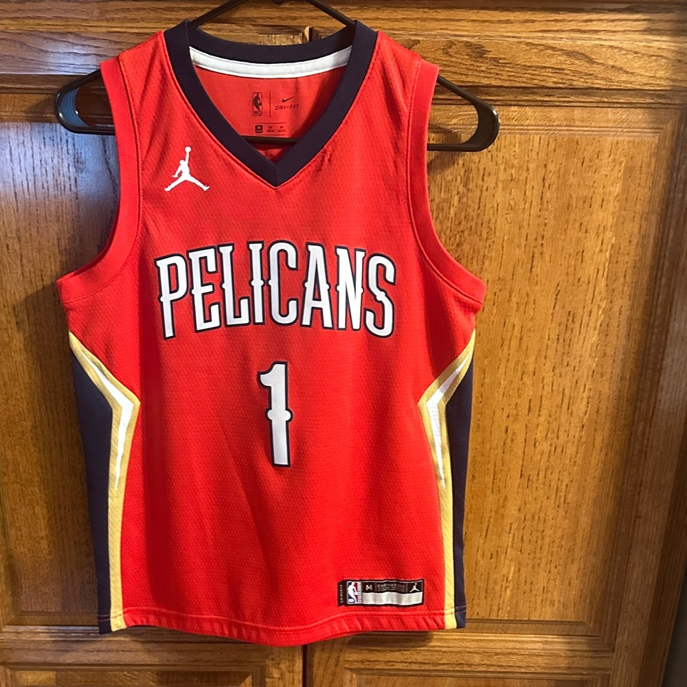 Jordan Red Zion Pelicans Jersey with Gold and Navy Accents
